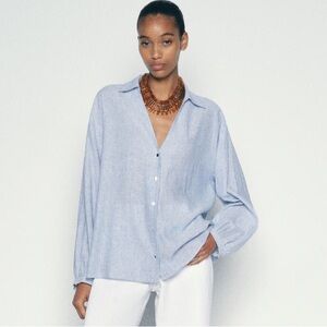 ZARA NWT LINEN BLEND Blue Button Down Shirt with Relaxed Fit
